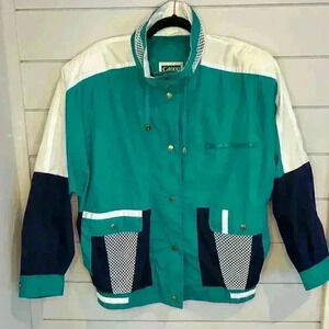 Vintage 80's Wind Breaker Teal White Navy Nautical Miami Vice Sz Med‎